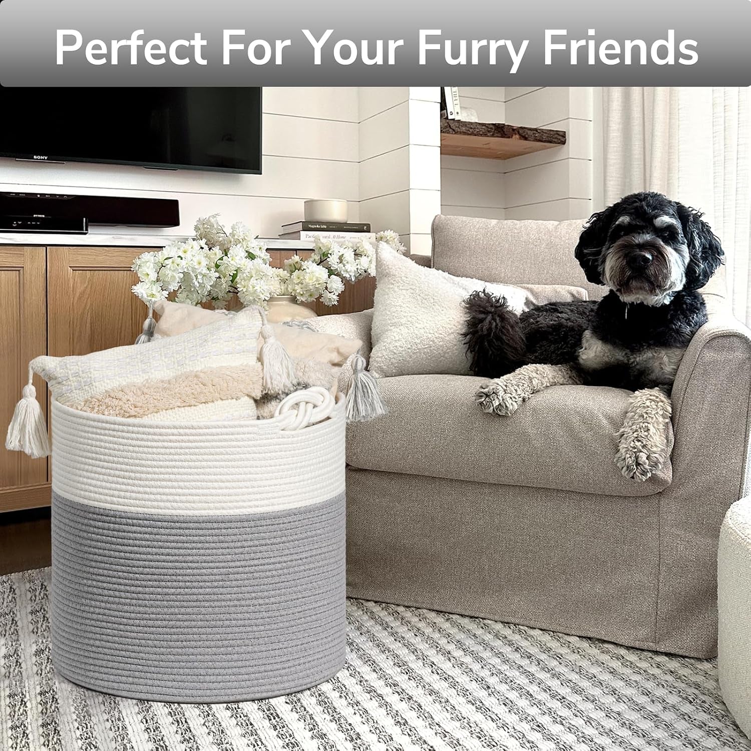 Cotton Rope Storage Basket, 15 X 14.2 Inches Baby Laundry Baskets for Clothes, Toy Storage Blanket Basket with Handles for Living Room, Small Woven Baskets for Organizing Home Décor, Grey