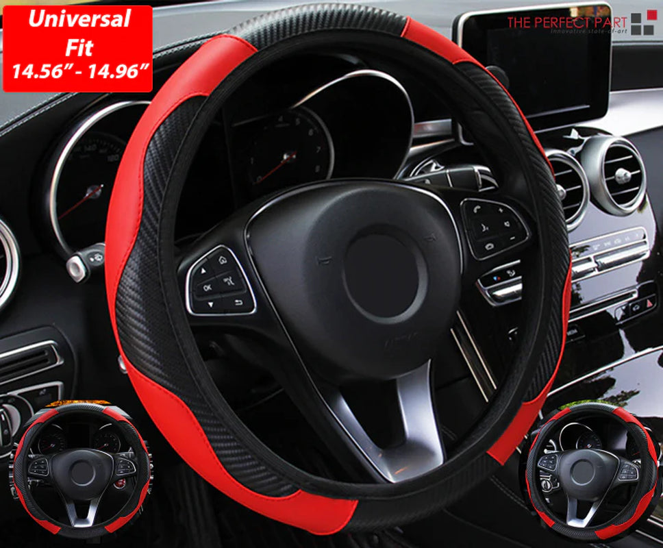 Car Steering Wheel Cover Red Black Leather Anti-Slip for 15"/38Cm Carbon Fiber