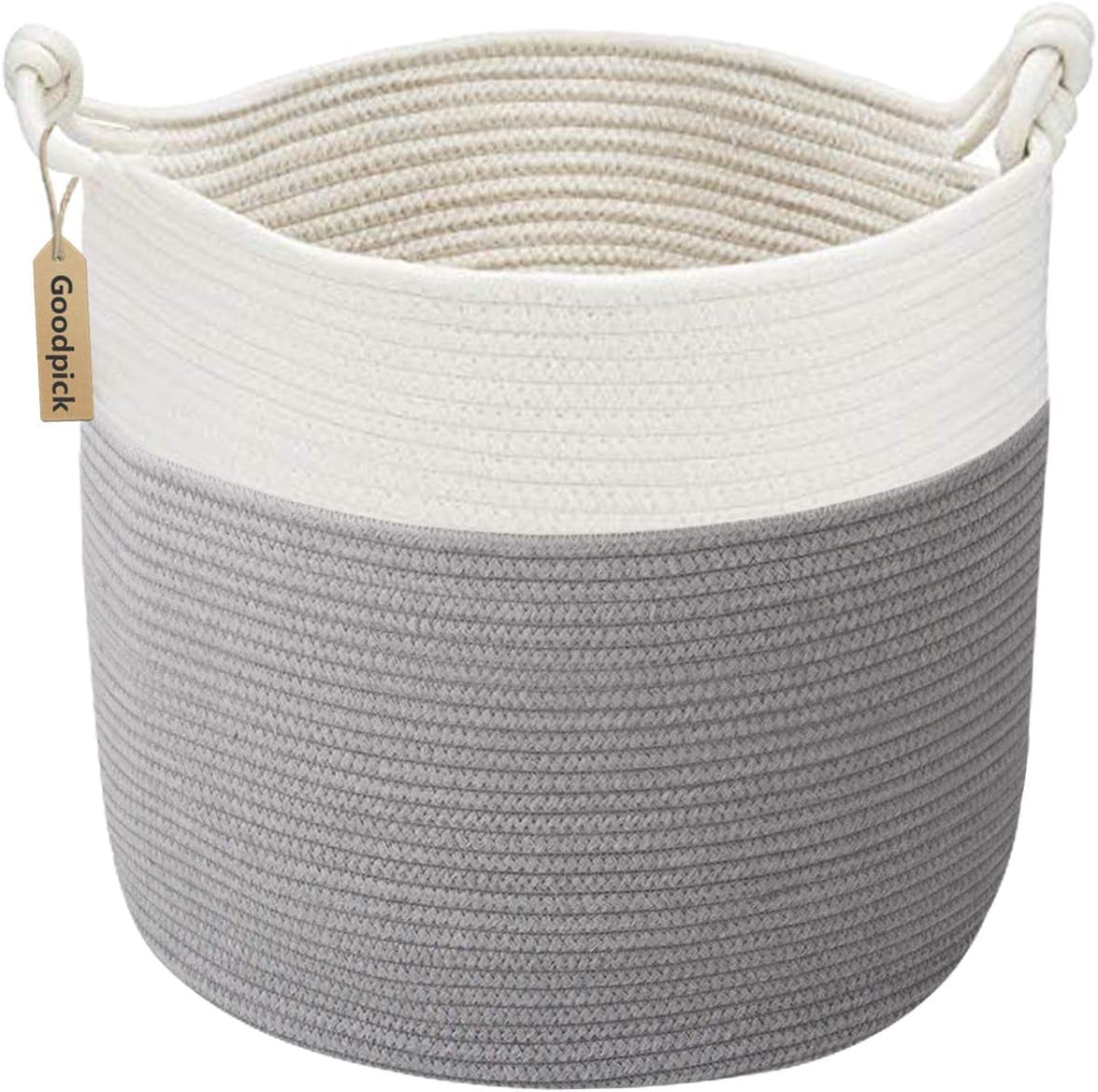 Cotton Rope Storage Basket, 15 X 14.2 Inches Baby Laundry Baskets for Clothes, Toy Storage Blanket Basket with Handles for Living Room, Small Woven Baskets for Organizing Home Décor, Grey