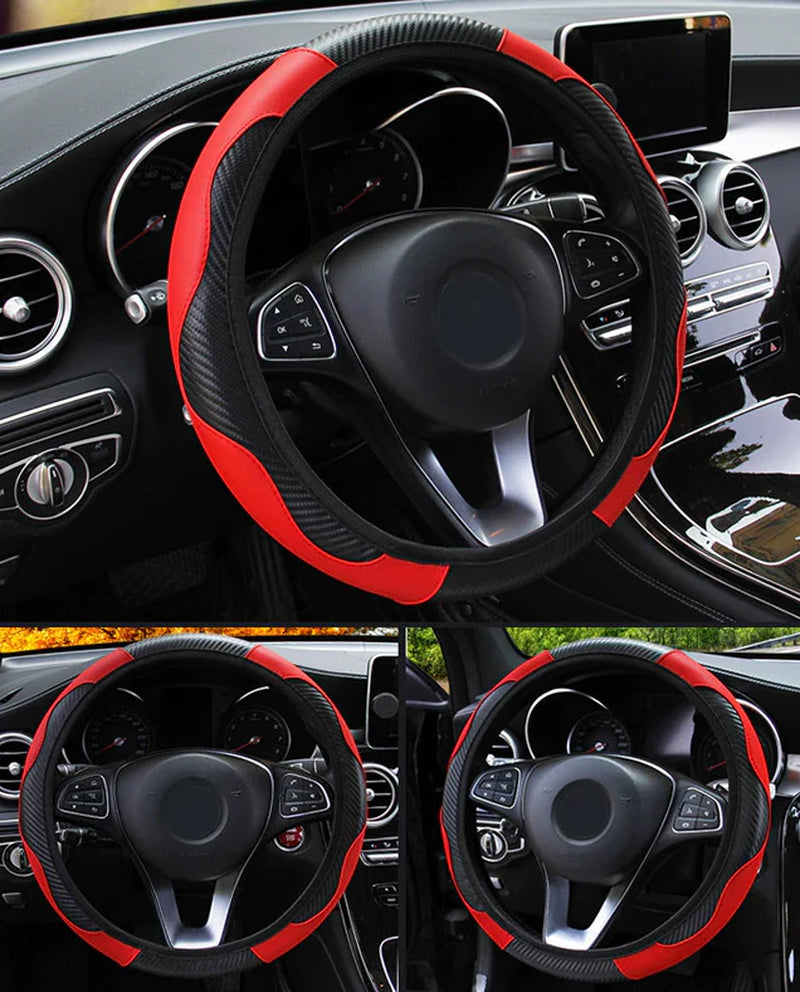 Car Steering Wheel Cover Red Black Leather Anti-Slip for 15"/38Cm Carbon Fiber