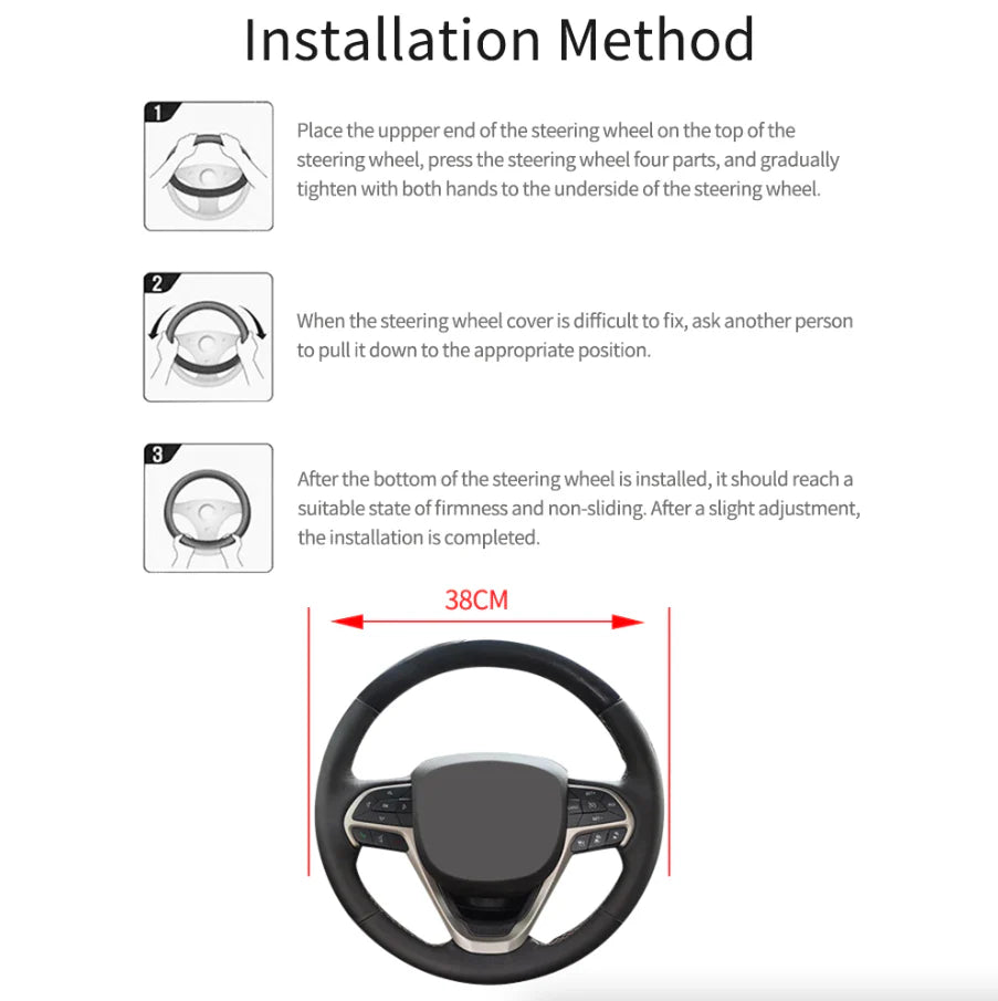 Car Steering Wheel Cover Red Black Leather Anti-Slip for 15"/38Cm Carbon Fiber