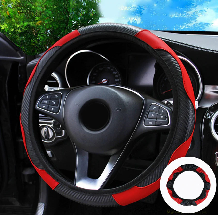 Car Steering Wheel Cover Red Black Leather Anti-Slip for 15"/38Cm Carbon Fiber