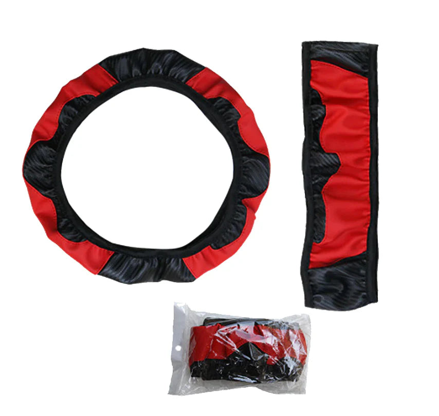 Car Steering Wheel Cover Red Black Leather Anti-Slip for 15"/38Cm Carbon Fiber