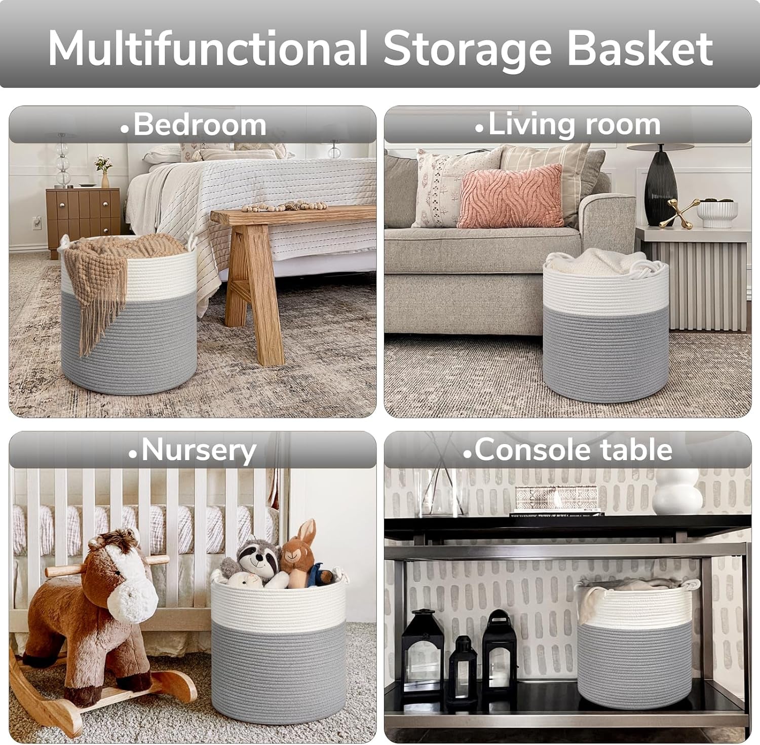 Cotton Rope Storage Basket, 15 X 14.2 Inches Baby Laundry Baskets for Clothes, Toy Storage Blanket Basket with Handles for Living Room, Small Woven Baskets for Organizing Home Décor, Grey