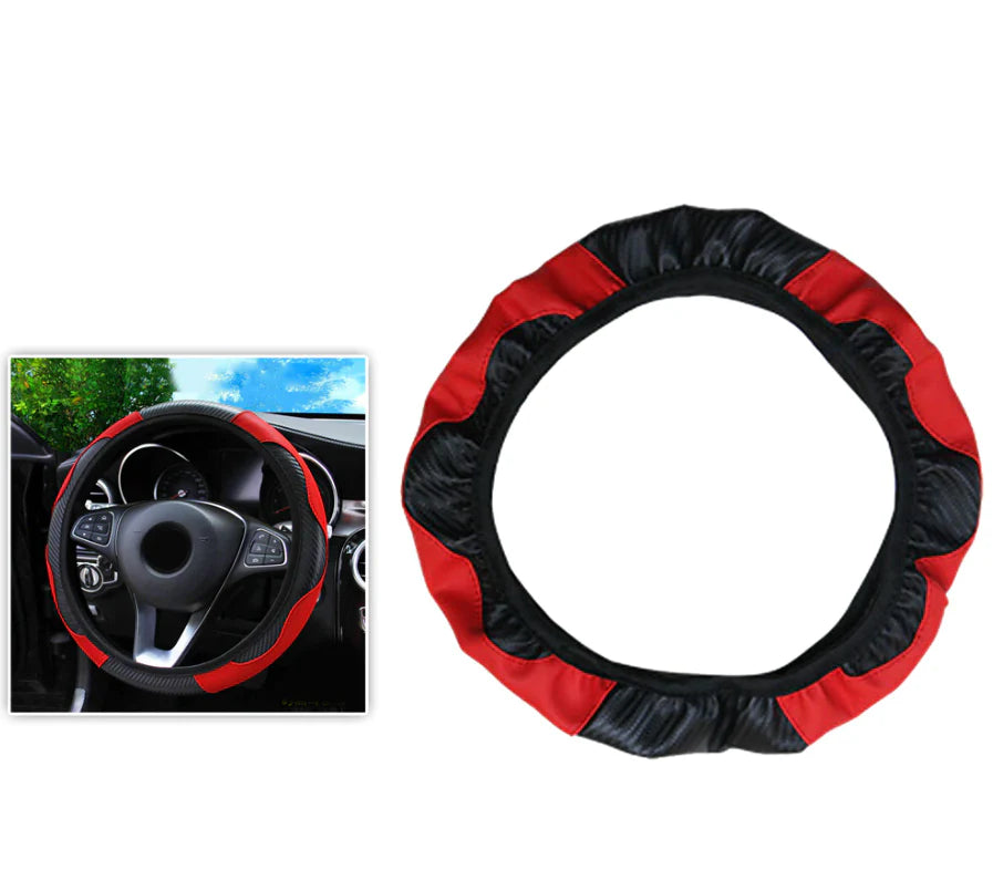 Car Steering Wheel Cover Red Black Leather Anti-Slip for 15"/38Cm Carbon Fiber