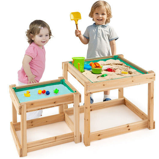 Wooden Sand and Water Tables with Protective Cover for Kids-Natural