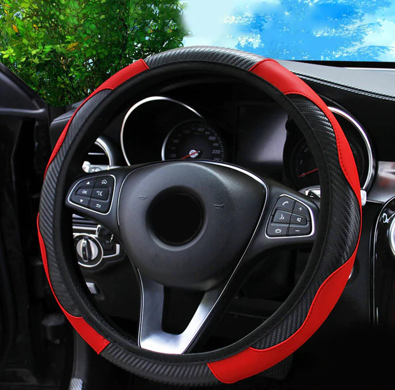 Car Steering Wheel Cover Red Black Leather Anti-Slip for 15"/38Cm Carbon Fiber