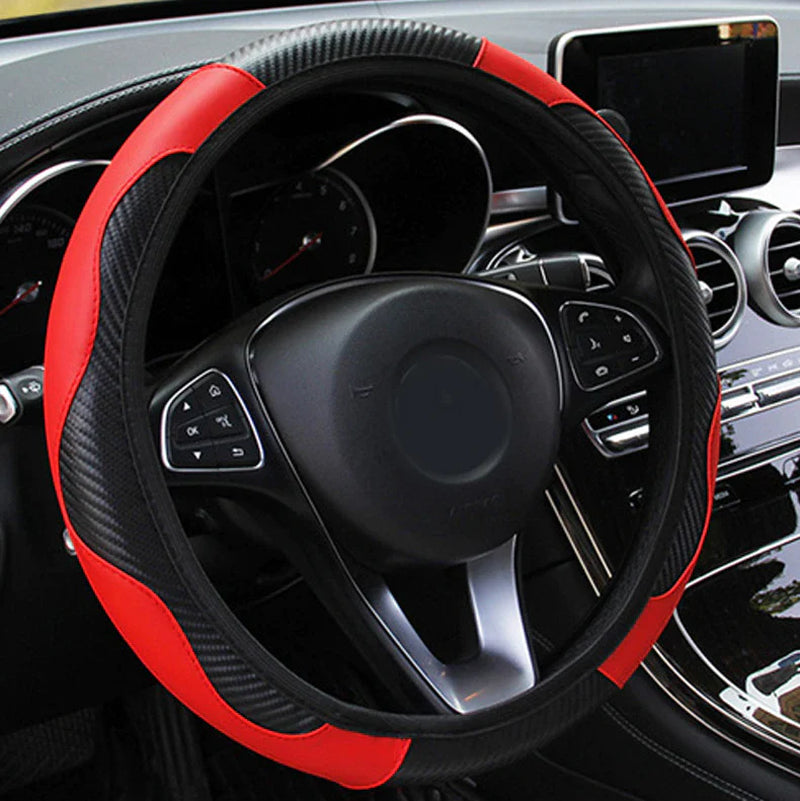 Car Steering Wheel Cover Red Black Leather Anti-Slip for 15"/38Cm Carbon Fiber