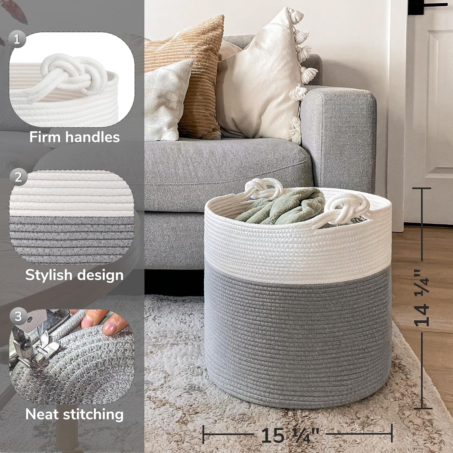 Cotton Rope Storage Basket, 15 X 14.2 Inches Baby Laundry Baskets for Clothes, Toy Storage Blanket Basket with Handles for Living Room, Small Woven Baskets for Organizing Home Décor, Grey