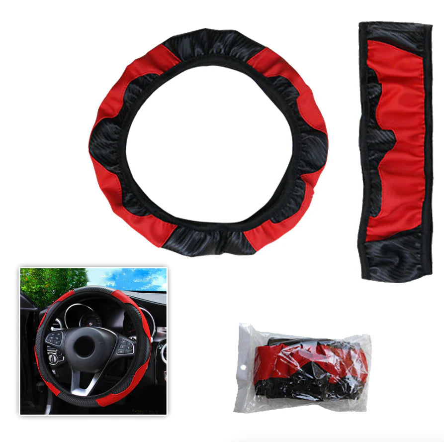 Car Steering Wheel Cover Red Black Leather Anti-Slip for 15"/38Cm Carbon Fiber